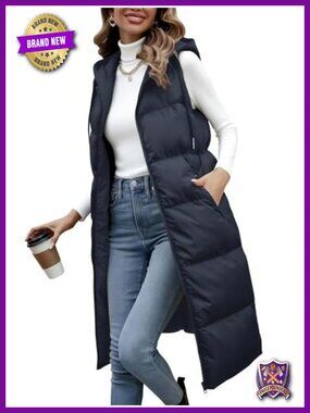 Long Puffer Vest Quilted Hooded Zip Up Sleeveless Coat